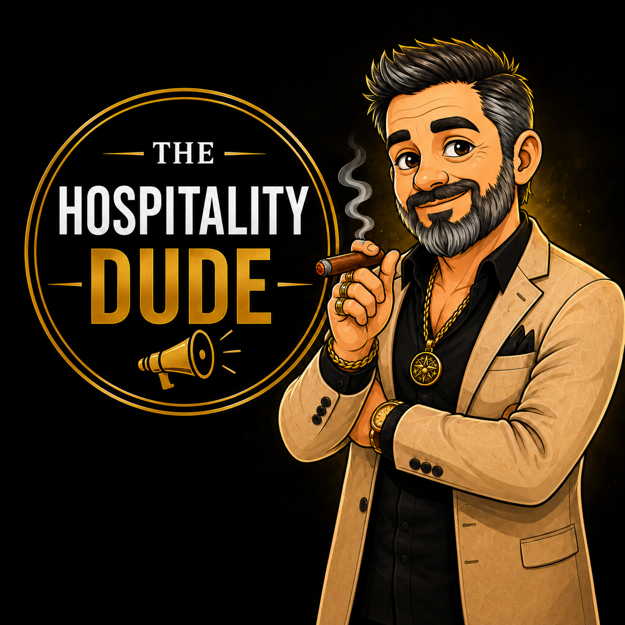 The Hospitality Dude mascot and gold brand badge